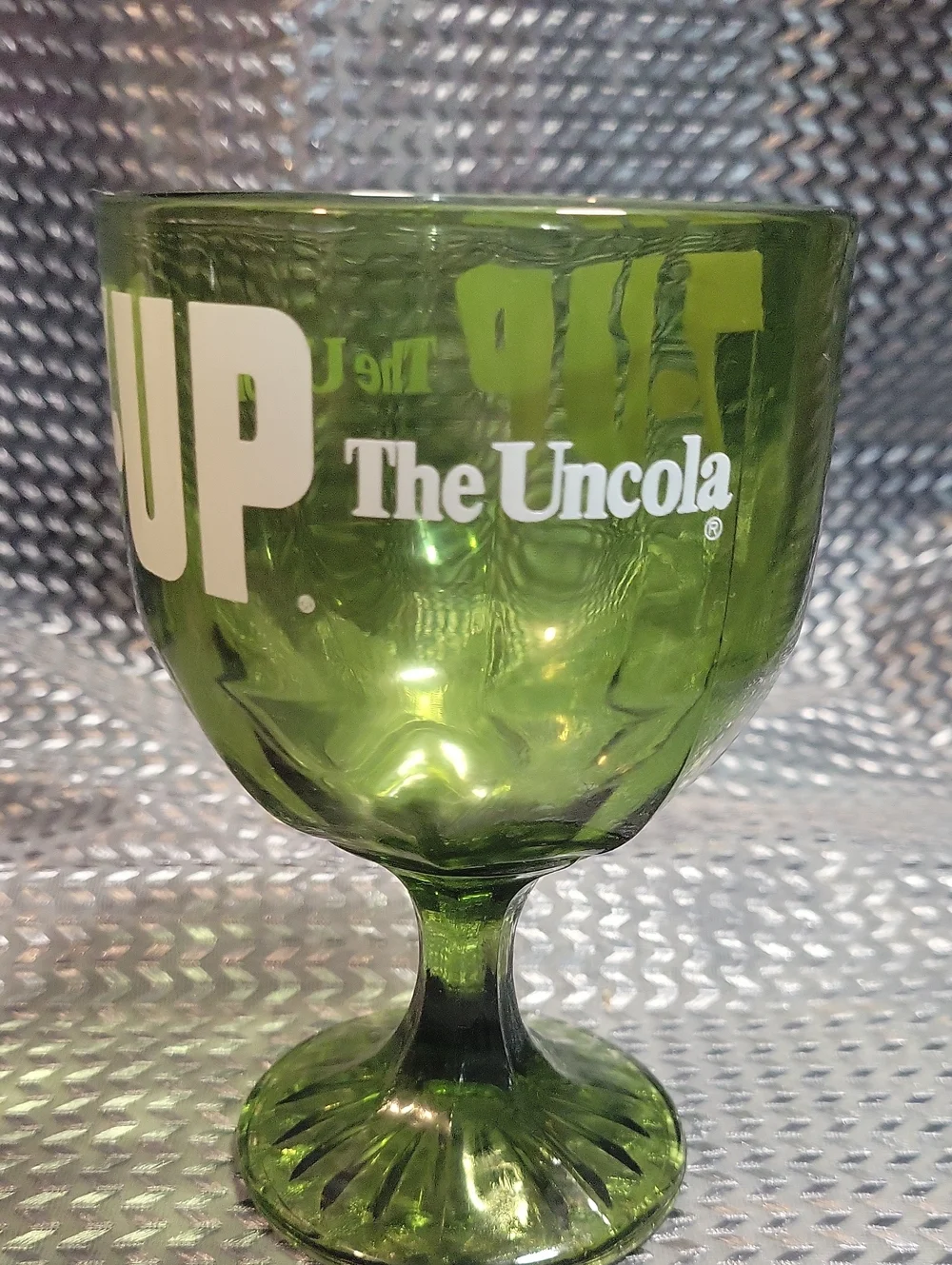 Vintage 70s 7 UP The Uncola Green Glass Stein Cup Goblet Retro Mug